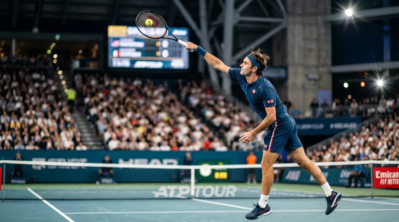 A men's ATP player serving in a tight, serve-dominated match