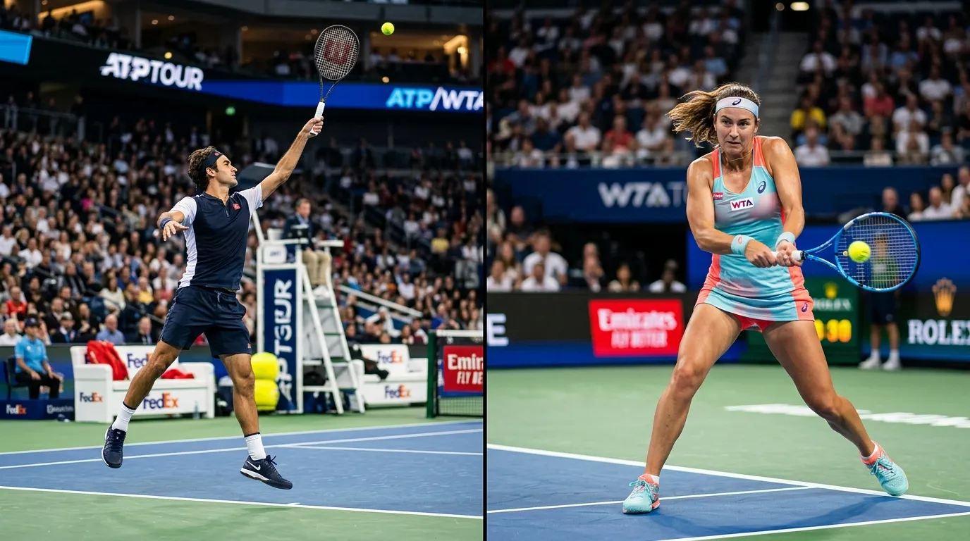 A split image of a men's and a women's professional tennis match