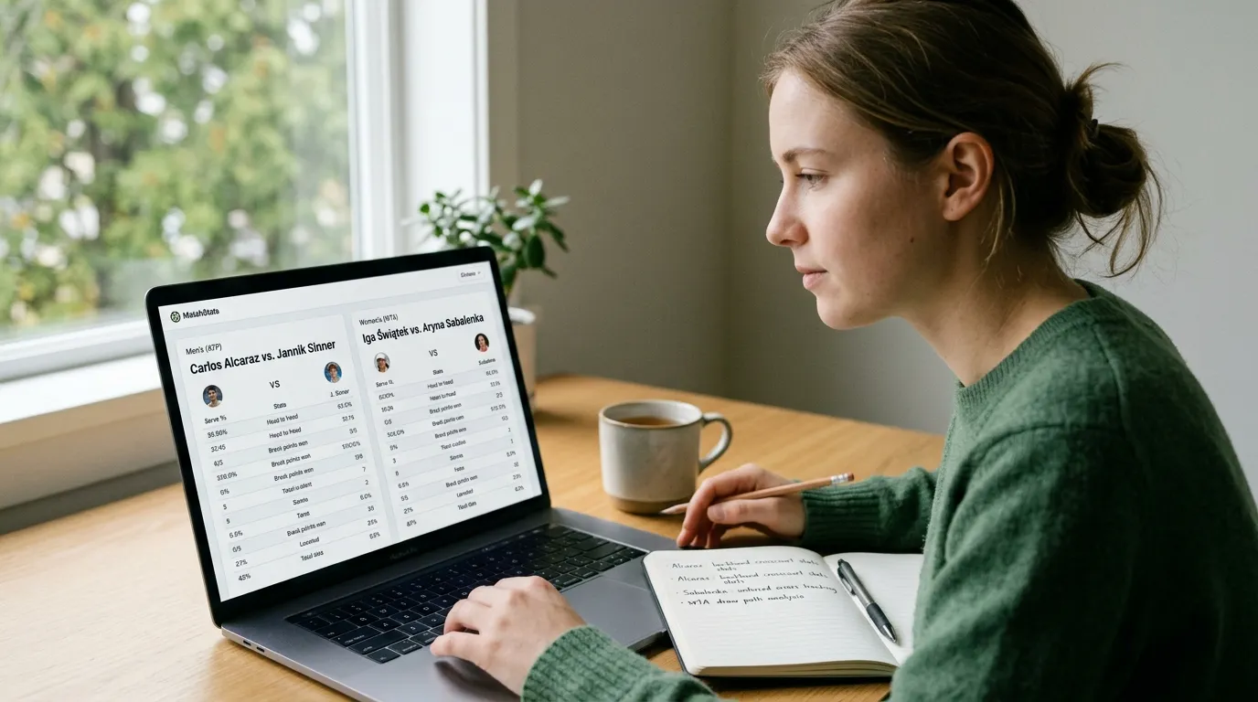 A bettor reviewing both ATP and WTA matchups on a laptop