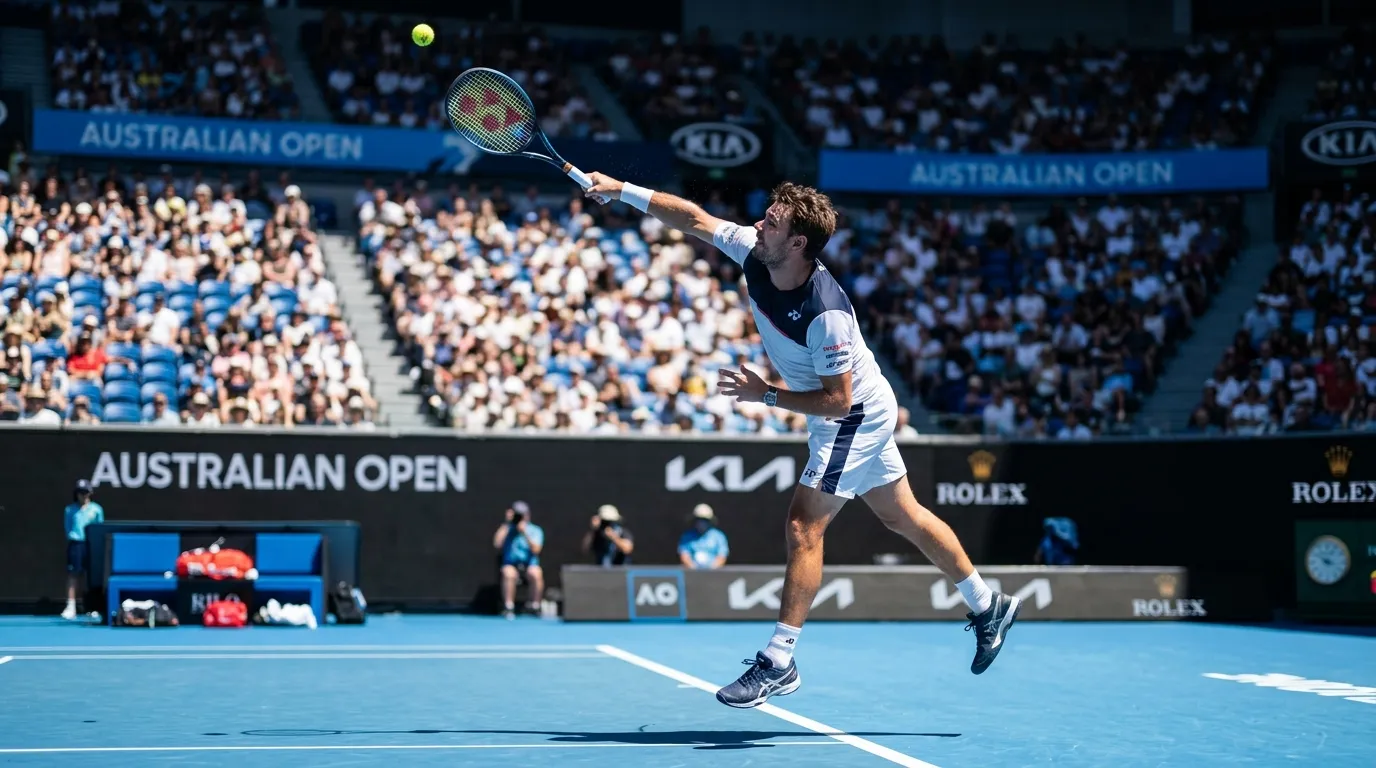 An aggressive server attacking on the fast Australian Open hard court