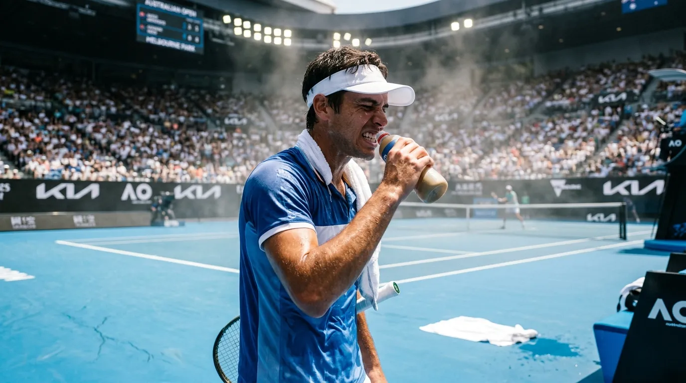 A player battling extreme Melbourne heat on a sunlit hard court
