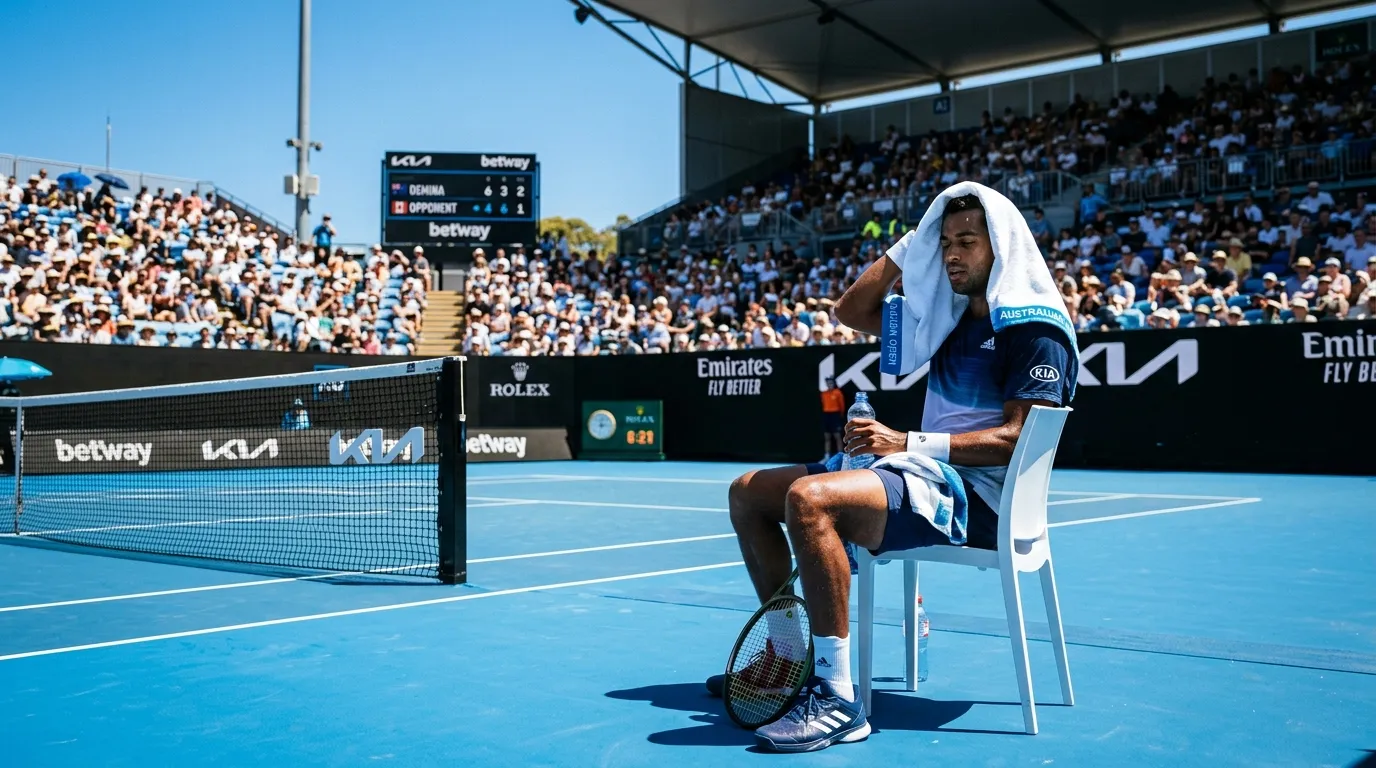 A blue hard court at the Australian Open in bright summer sunshine