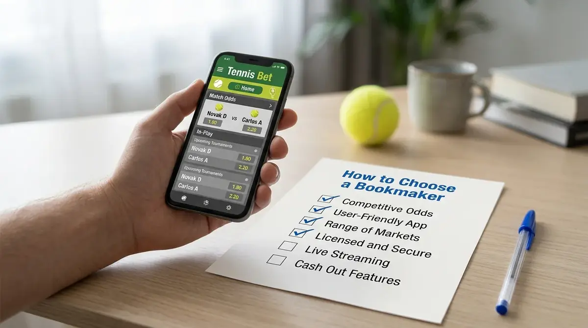 Smartphone showing a UK tennis betting app beside a bookmaker selection checklist
