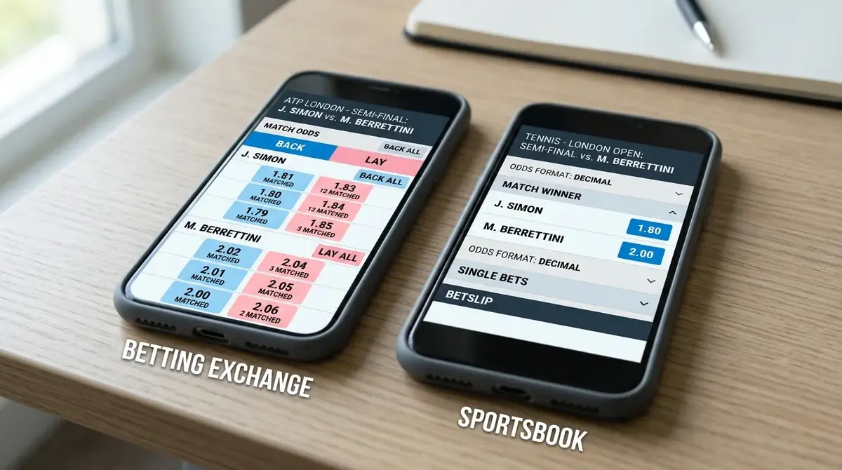Betting exchange back and lay screen beside a traditional sportsbook tennis market