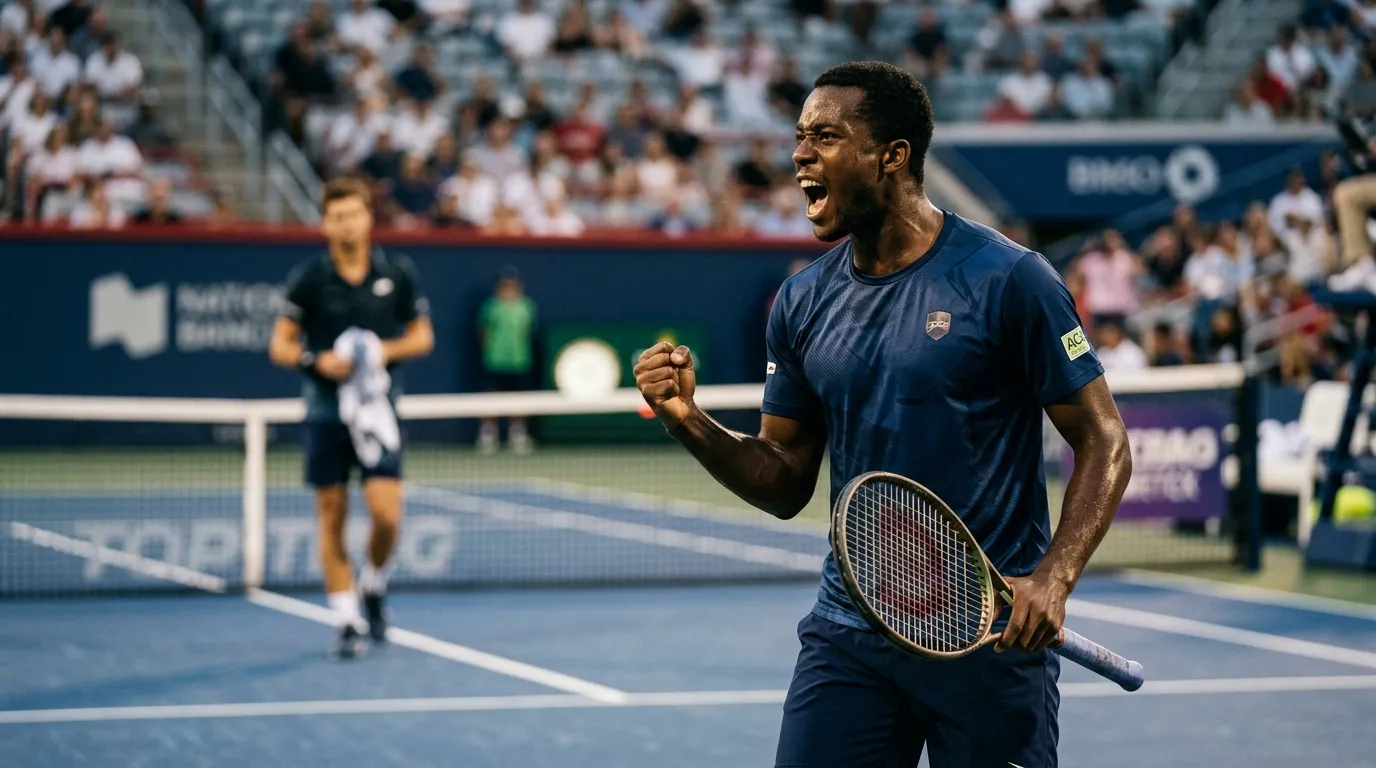 A lower-ranked tennis player celebrating a hard-won point against a top seed