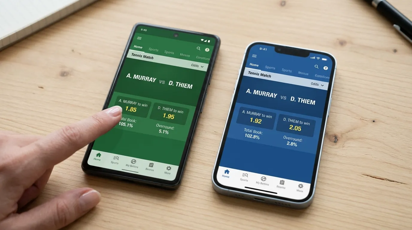 Two betting screens side by side showing the bookmaker overround on a tennis match