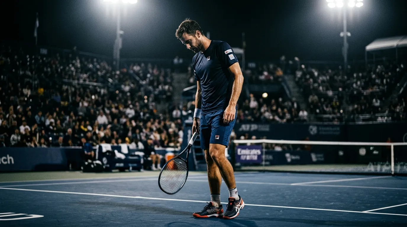 A tennis player pausing tensely between points under bright court lights