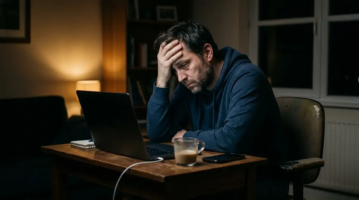 Frustrated bettor at a desk, illustrating the chasing-losses mistake in tennis betting