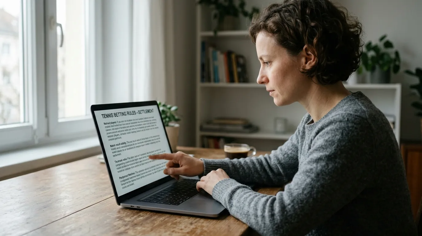 A bettor reading a bookmaker's tennis settlement rules before placing a bet