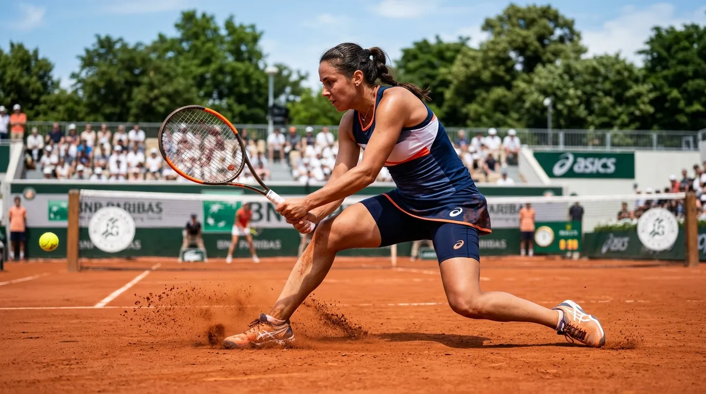 A clay-court specialist sliding into a backhand on the red dirt