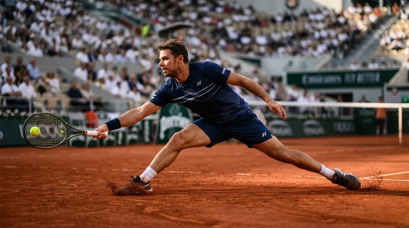 A baseline grinder sliding to defend a point on a clay tennis court