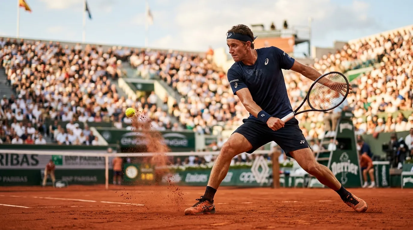 A tennis player striking a high, heavy topspin shot on red clay