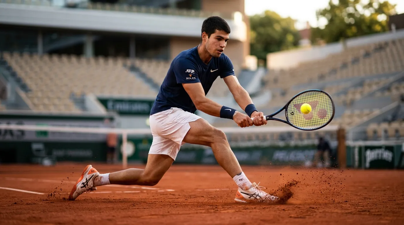 A red clay tennis court with a player sliding into a backhand
