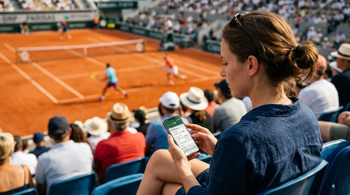 A spectator following live clay-court tennis betting markets on a phone