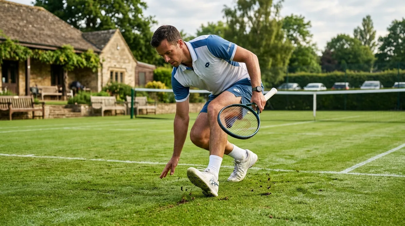 A player adjusting their footing during the short grass-court warm-up season