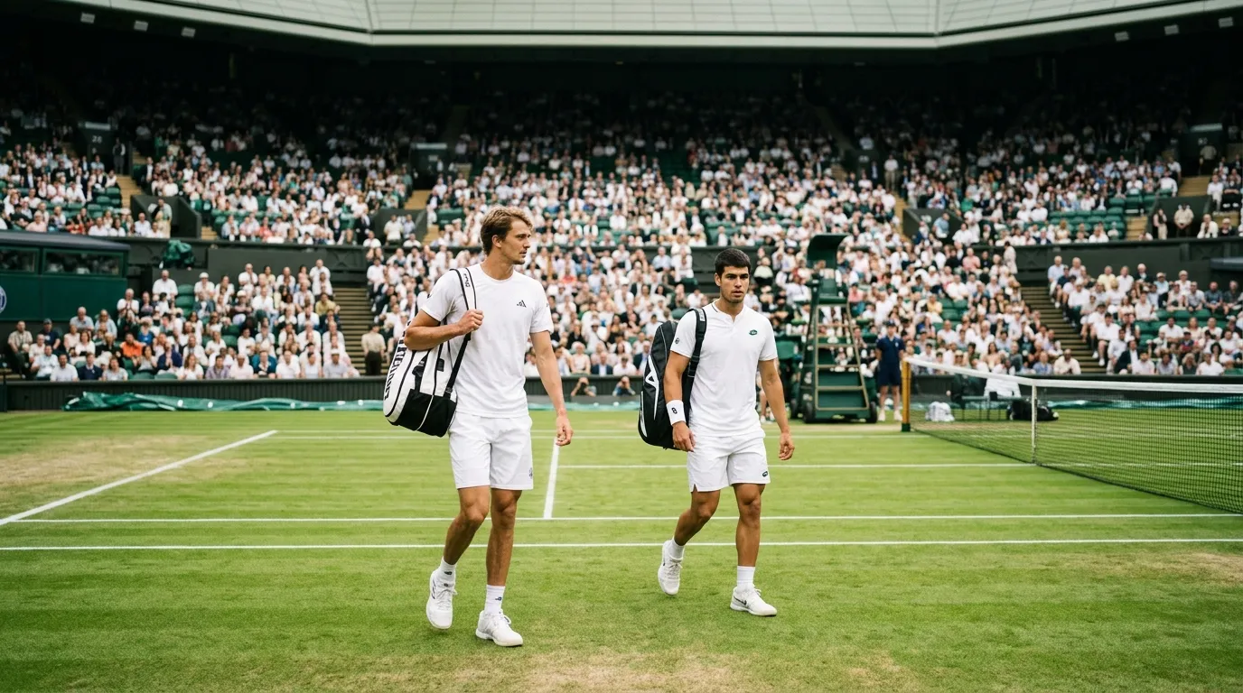 Players walking onto a Grand Slam show court before a match