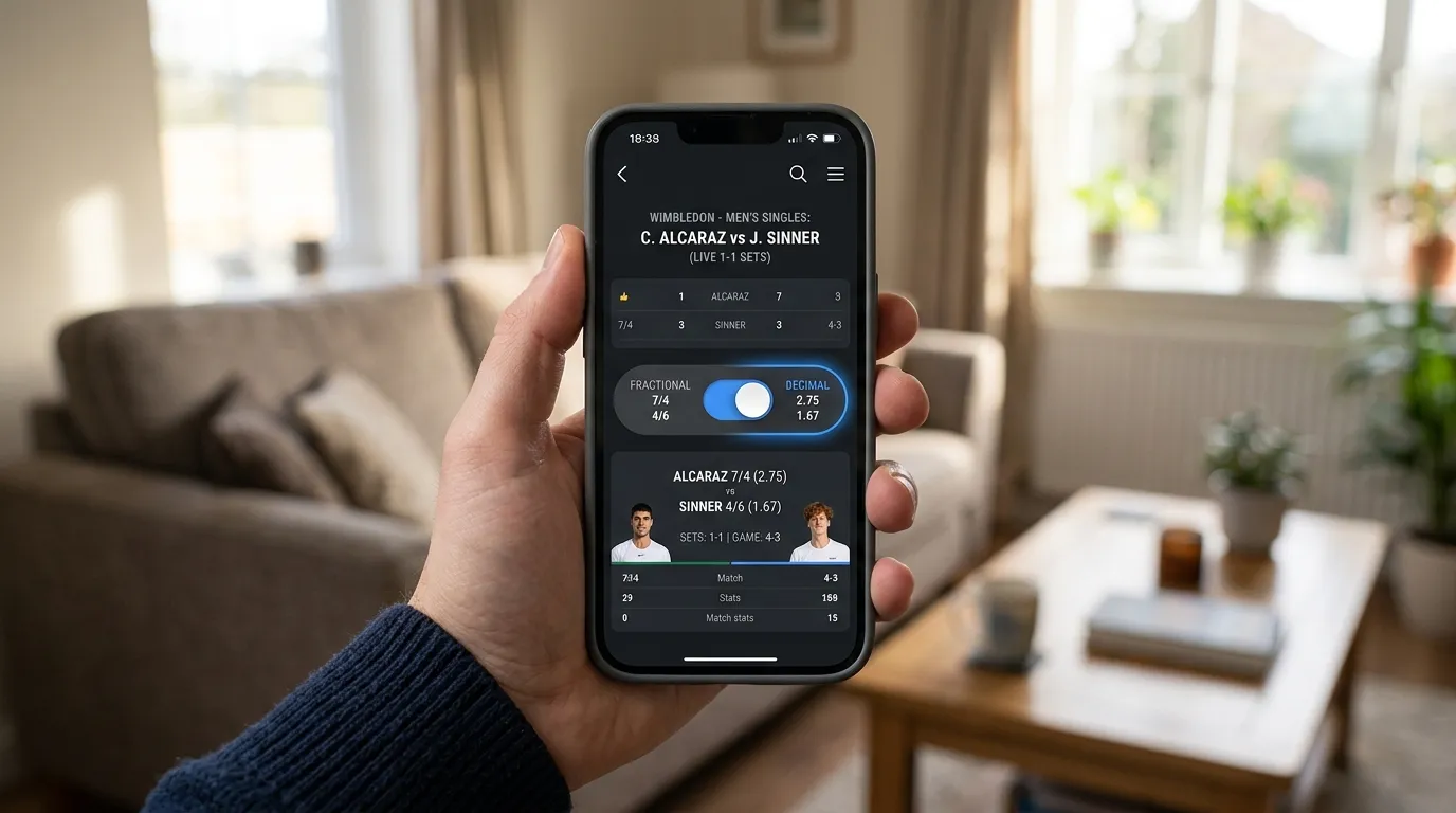 A betting app toggling a tennis match between fractional and decimal odds