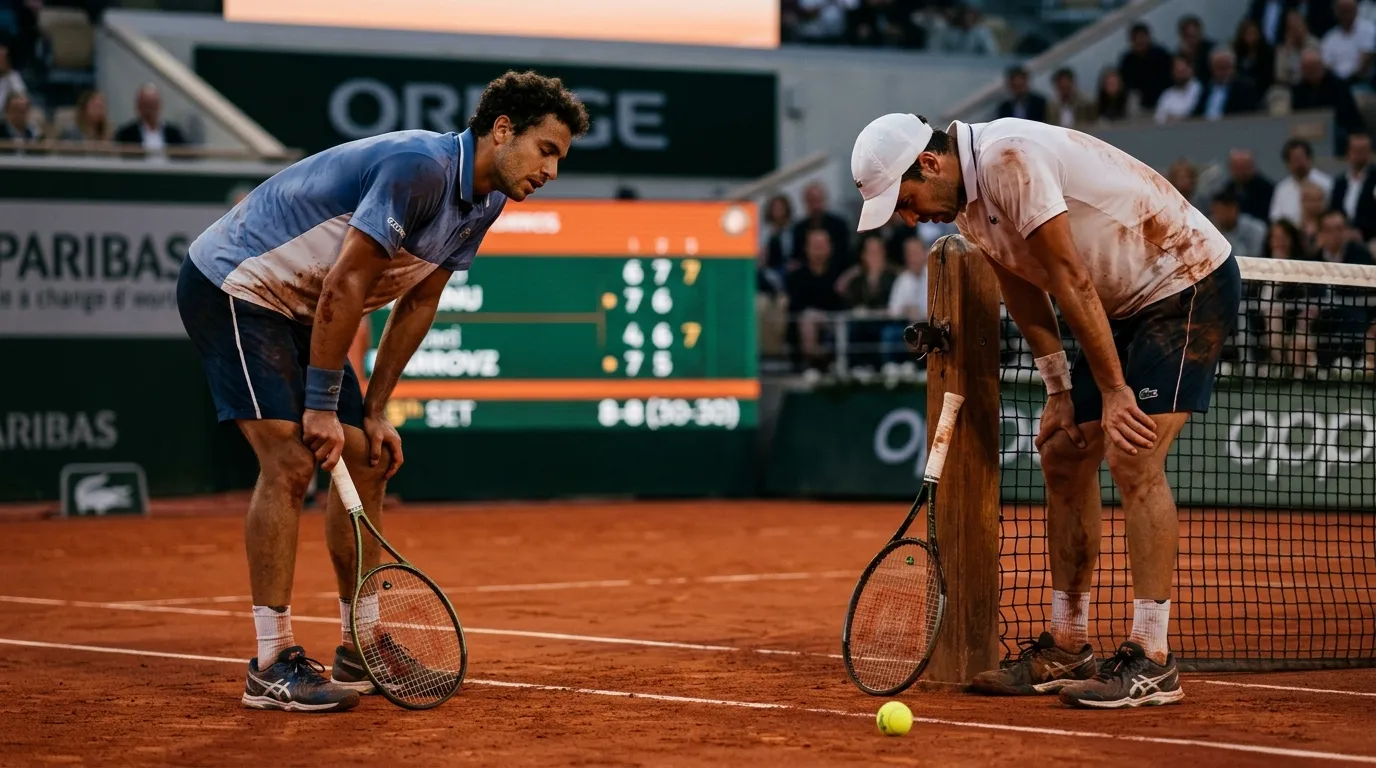 Two players locked in a long five-set battle on the Paris clay