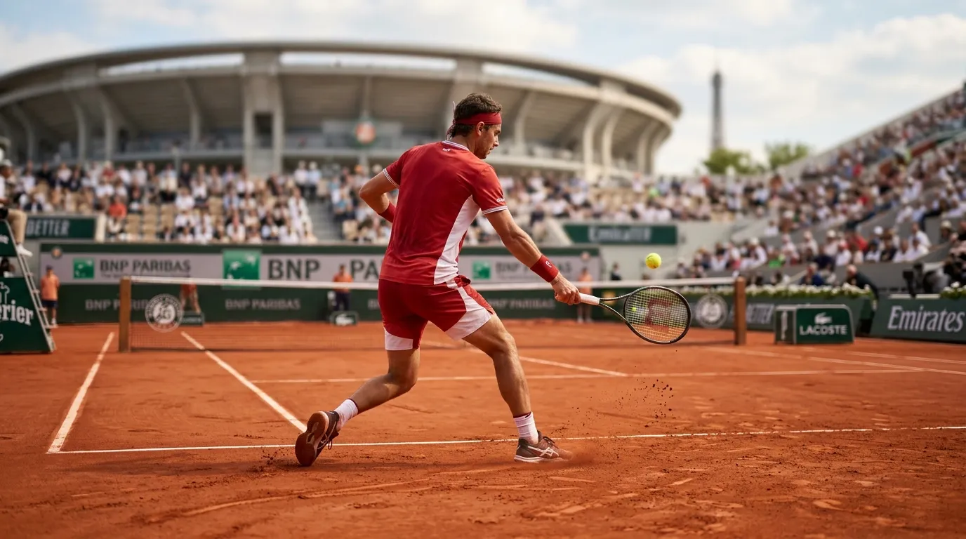 The red clay of Roland Garros under a Paris sky during a match