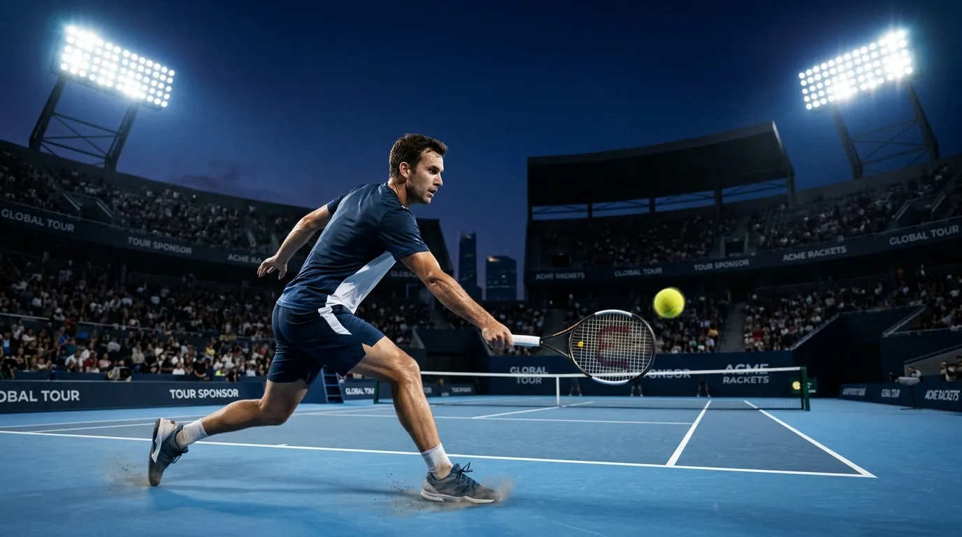 An evening tour match illustrating the year-round global tennis calendar
