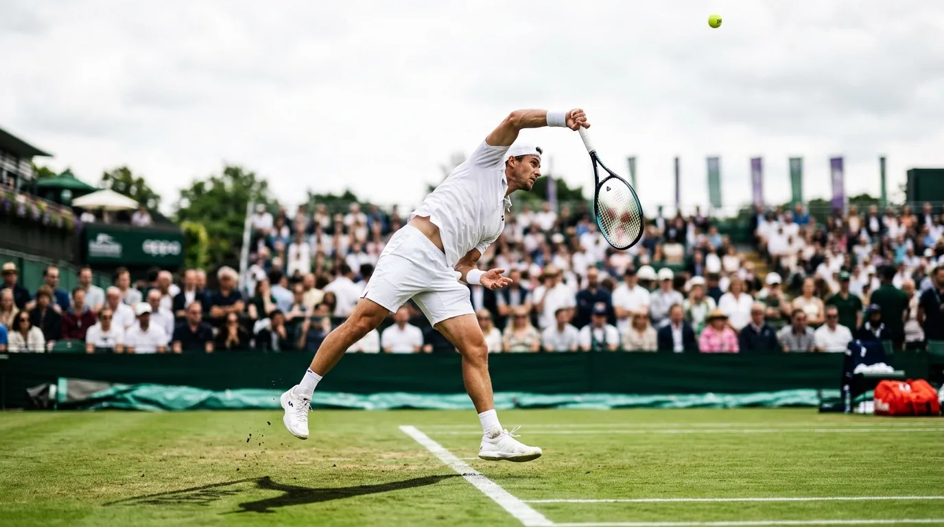A powerful server delivering on a fast grass tennis court