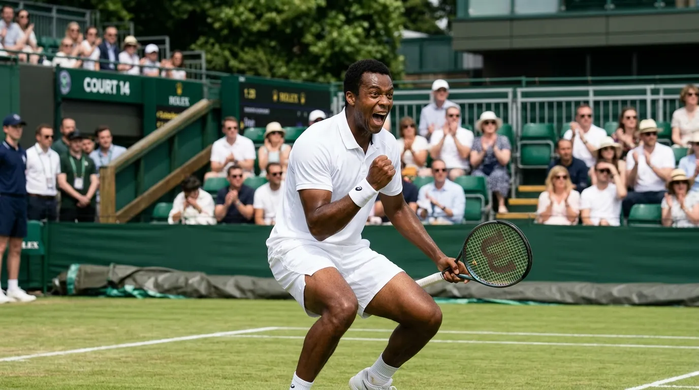 An unseeded grass-court player celebrating an early-round win