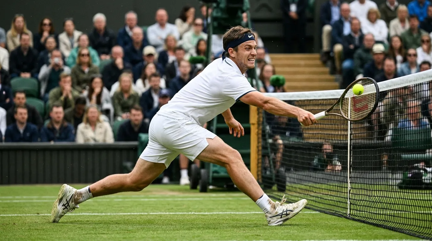 A top seed under pressure at the net during a volatile grass-court match