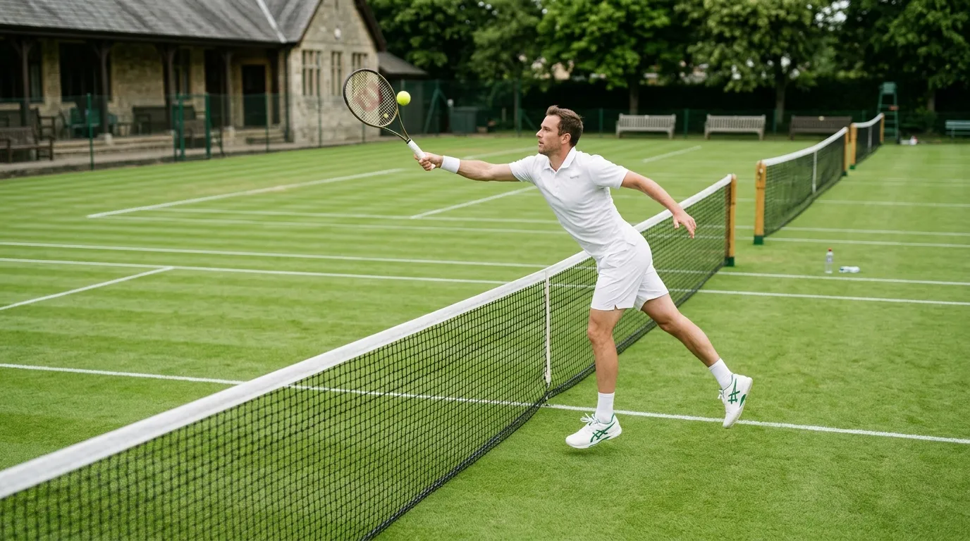 A pristine green grass tennis court with players at the net