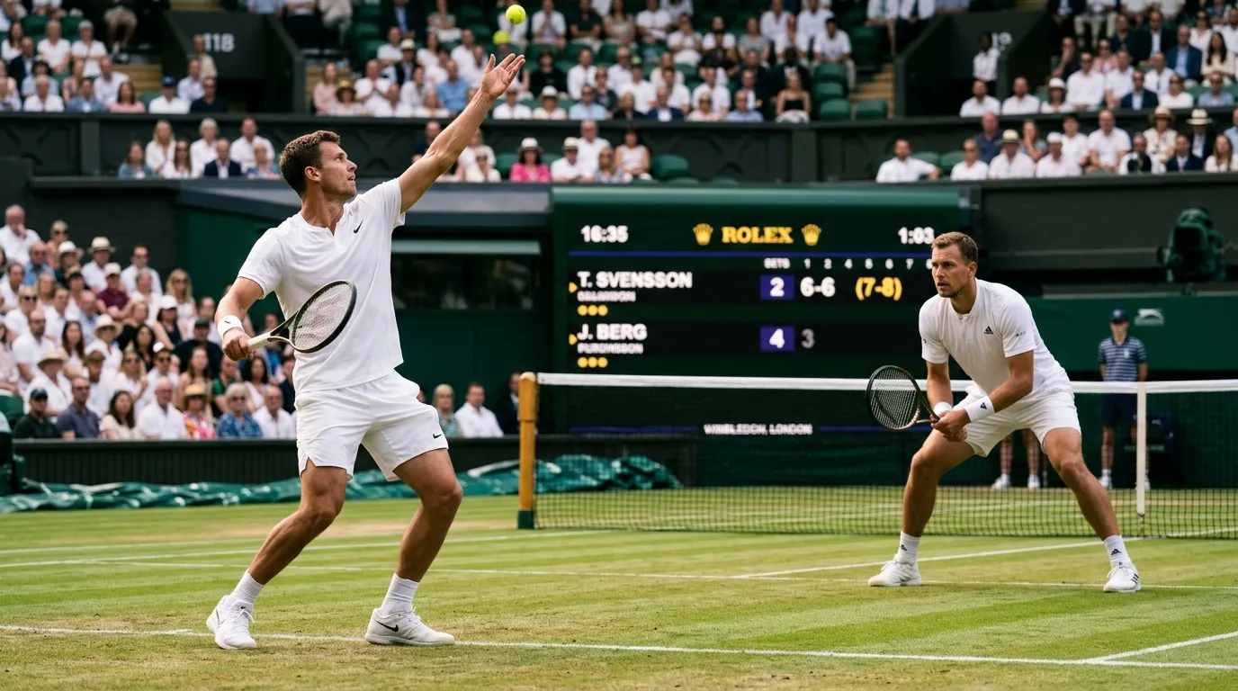 Two strong servers contesting a tight set on grass heading towards a tiebreak
