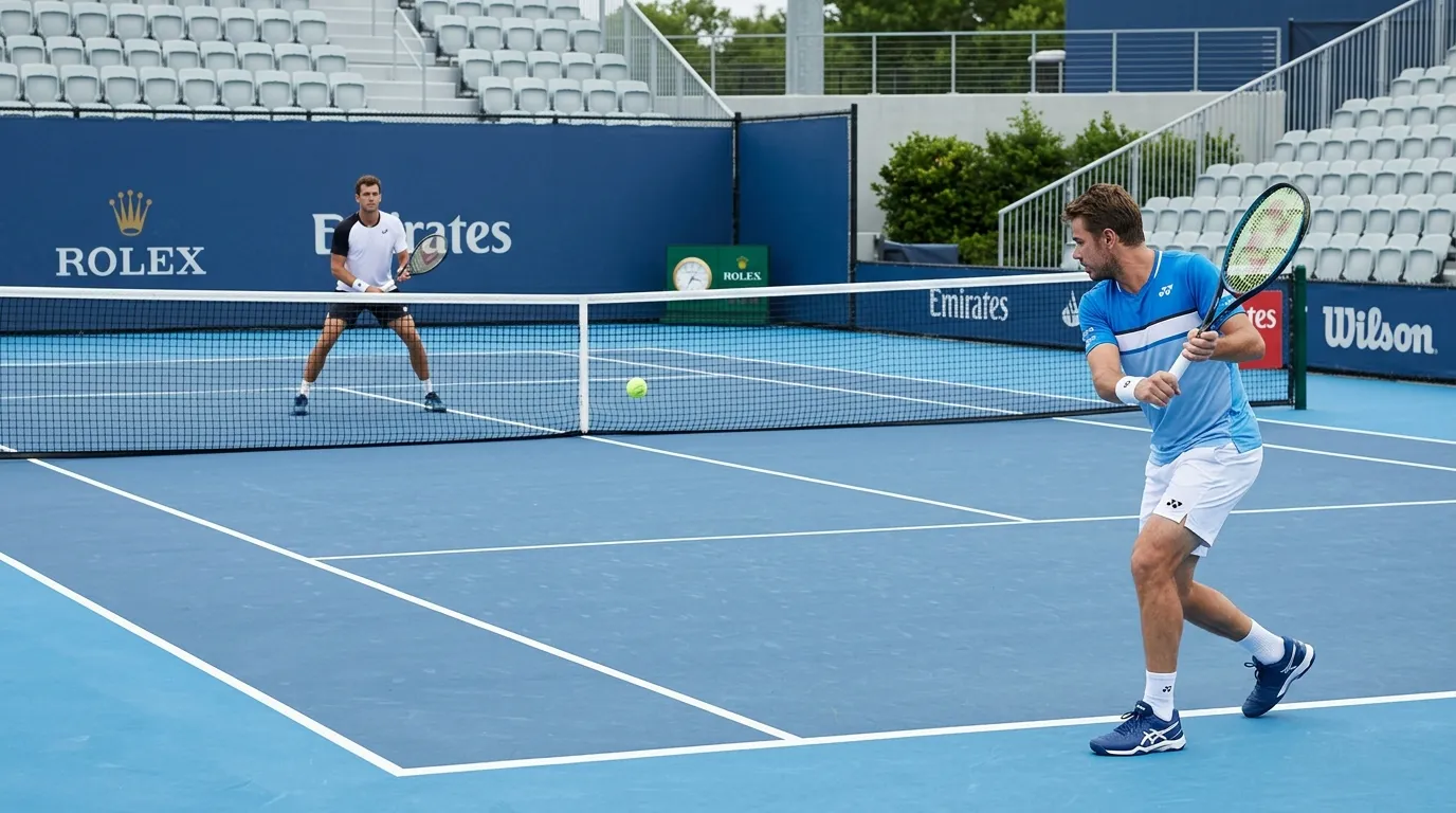 A baseline rally on a blue hard court showing the balanced surface