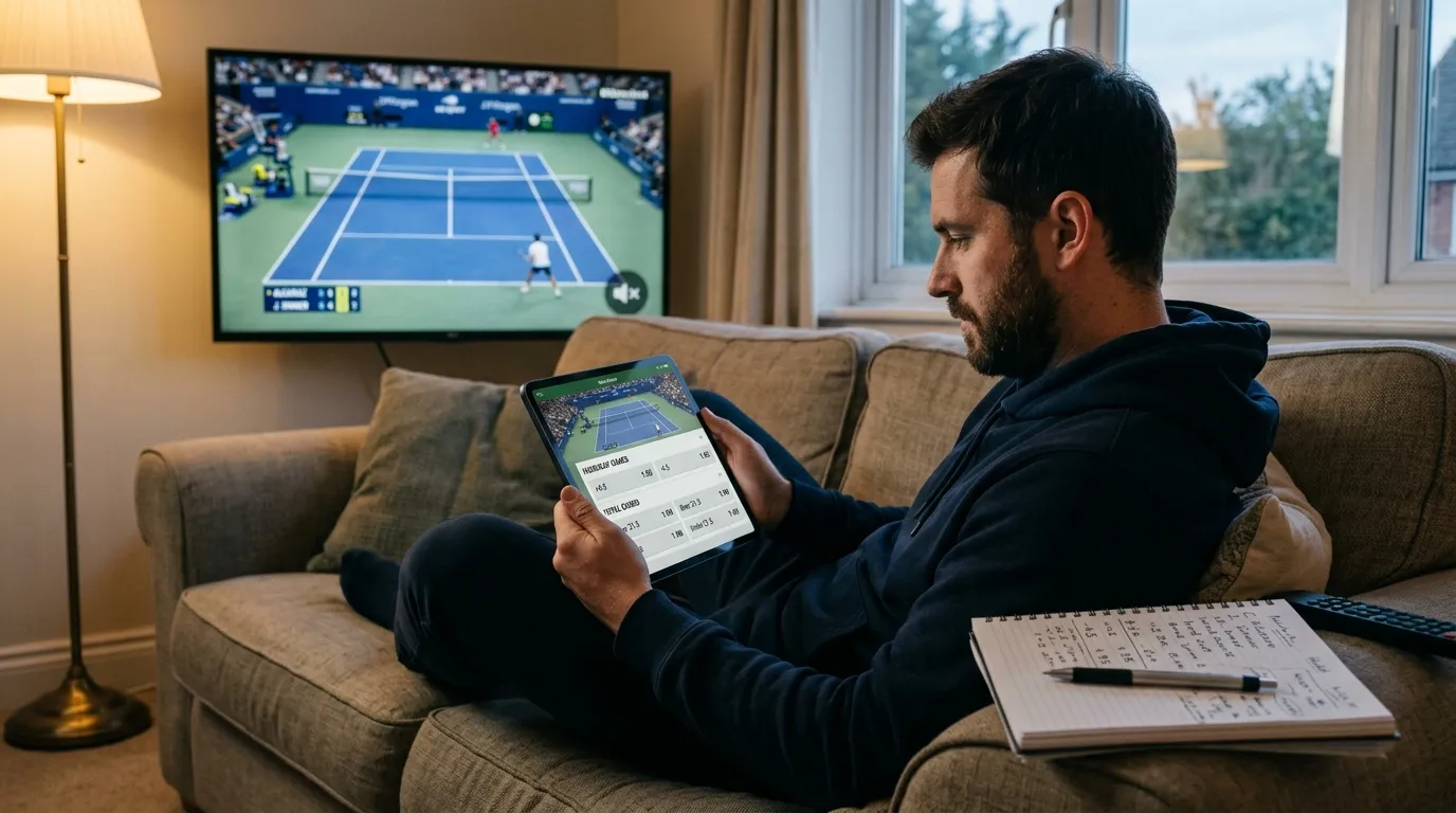 A bettor weighing up hard-court handicap and totals markets on a tablet