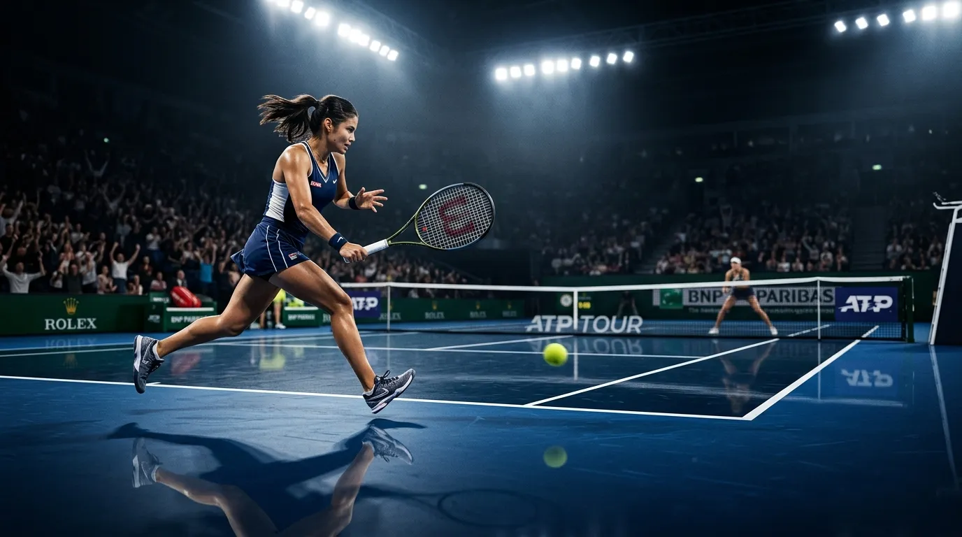 An indoor hard-court night match played under arena lighting