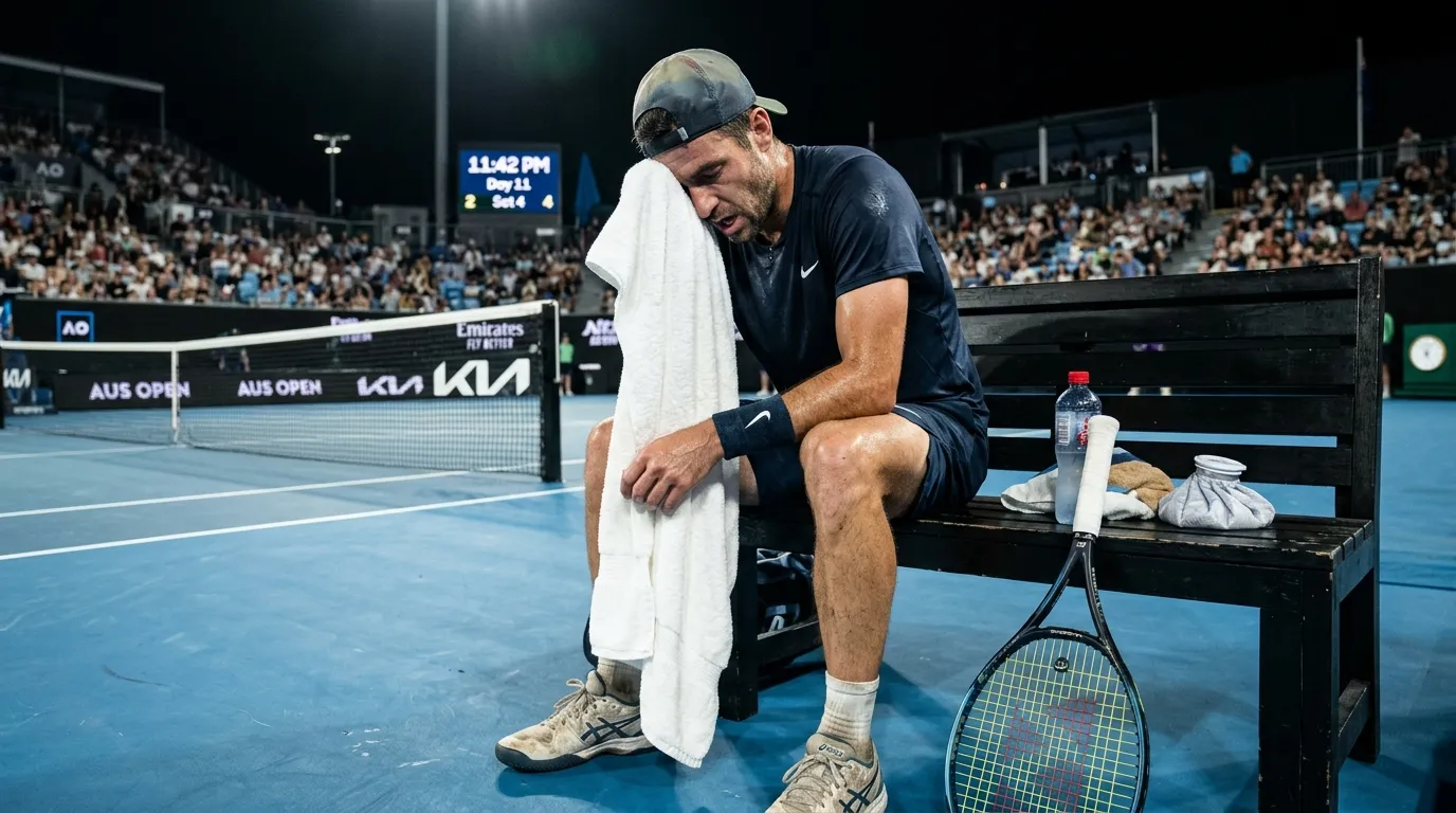 A visibly tired player resting between points late in a hard-court tournament