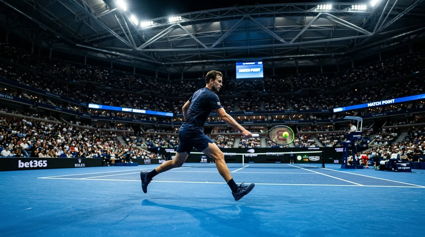A blue hard court tennis arena under floodlights during a night match
