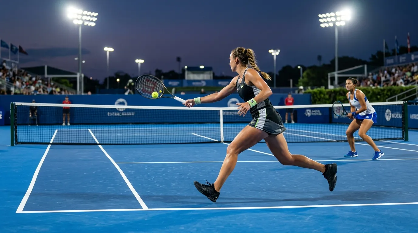 Two players competing on a blue hard court under stadium lights