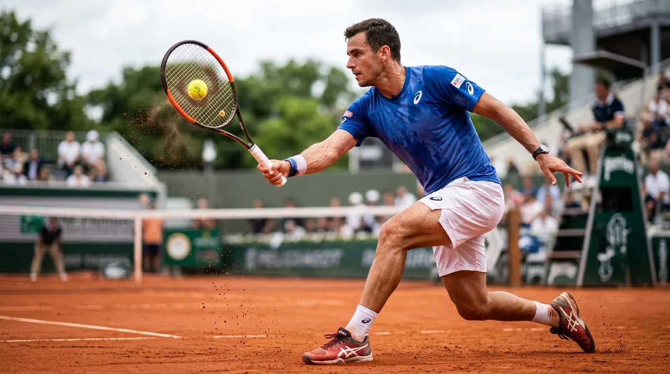 A player generating heavy topspin during a baseline rally on clay