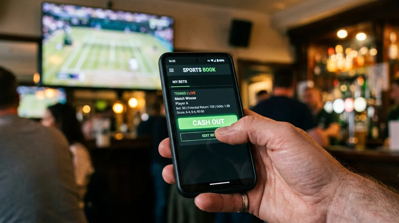 A hand hesitating over the cash out button on a betting app