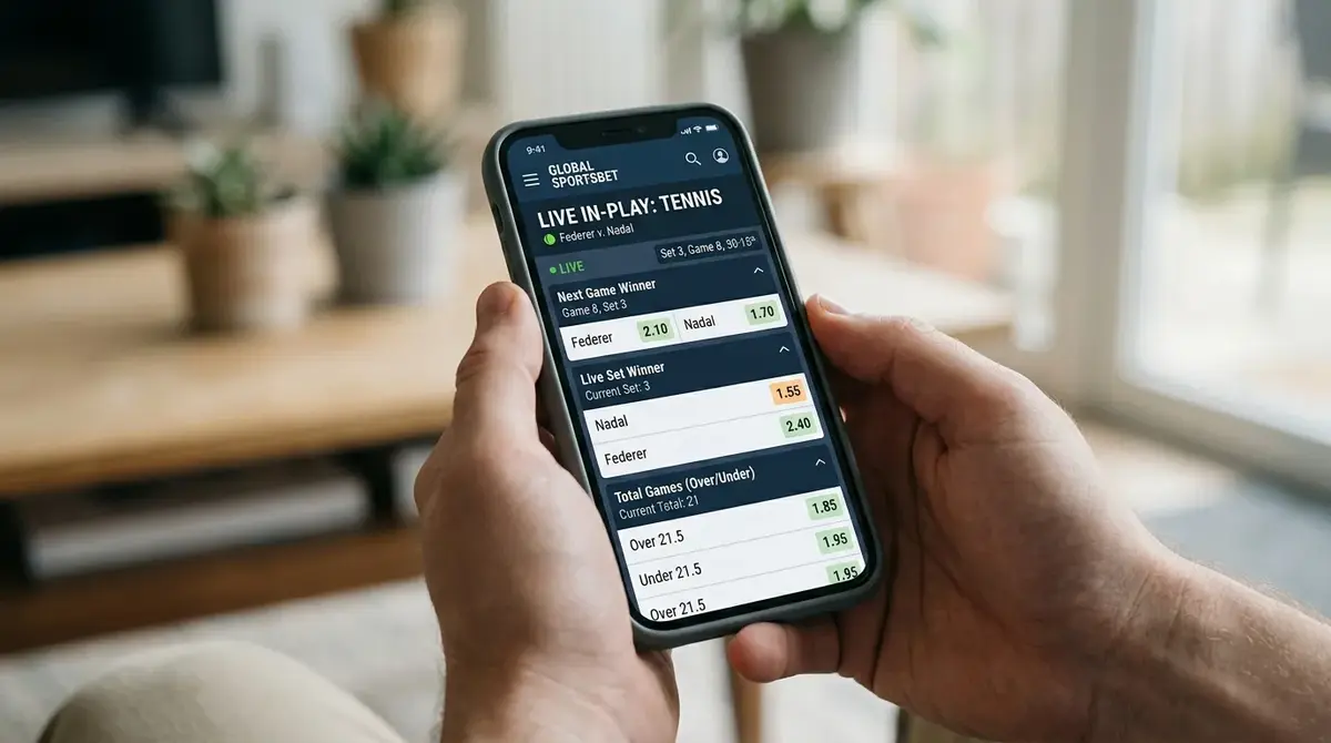 Mobile in-play tennis screen listing live match winner, set and next game markets