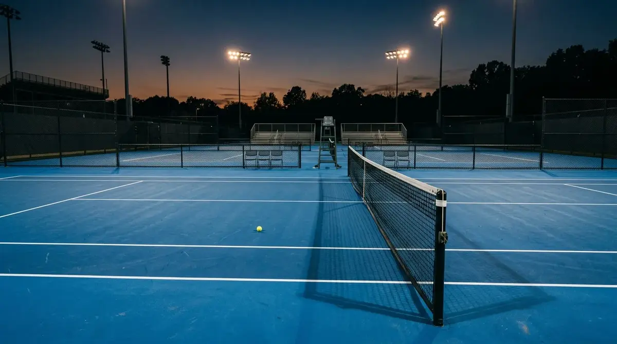 Tennis court at dusk under a magnifying glass over a match data report symbolising integrity monitoring