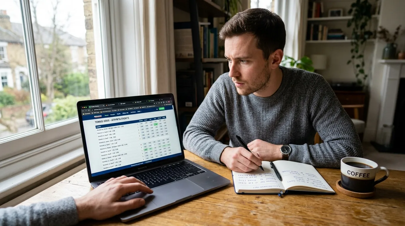 A bettor comparing tennis odds across several bookmaker accounts on a laptop