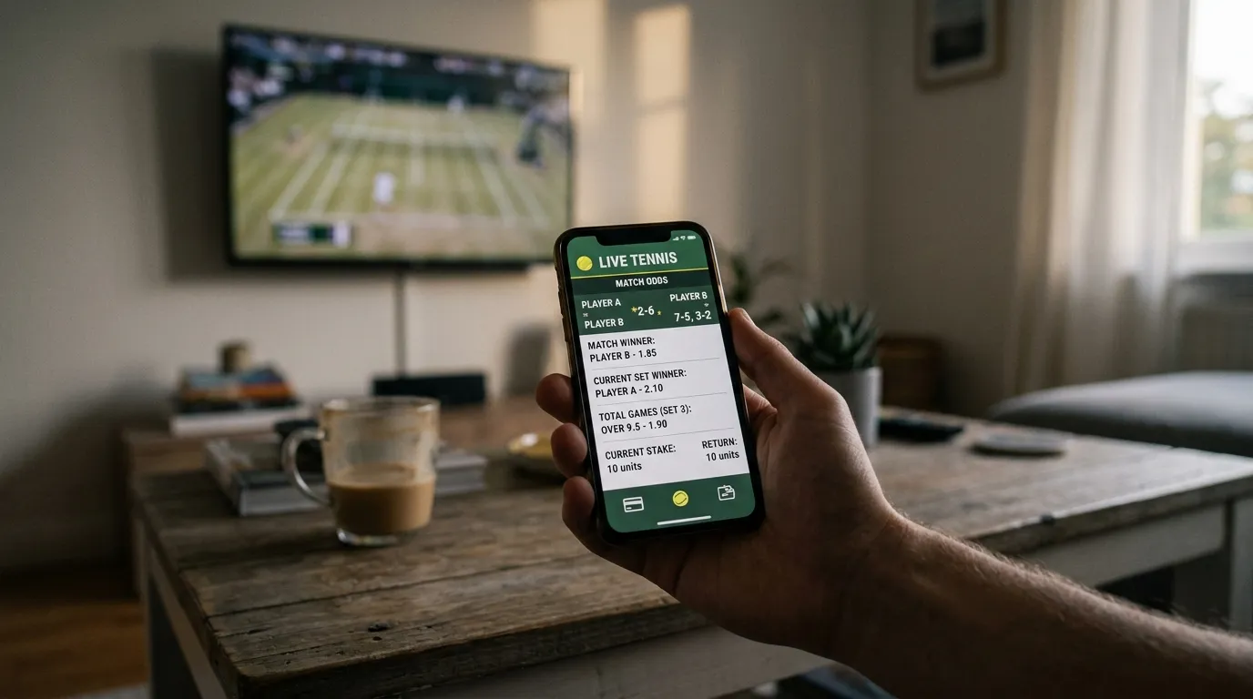 A smartphone tracking a live in-play tennis bet as the score changes