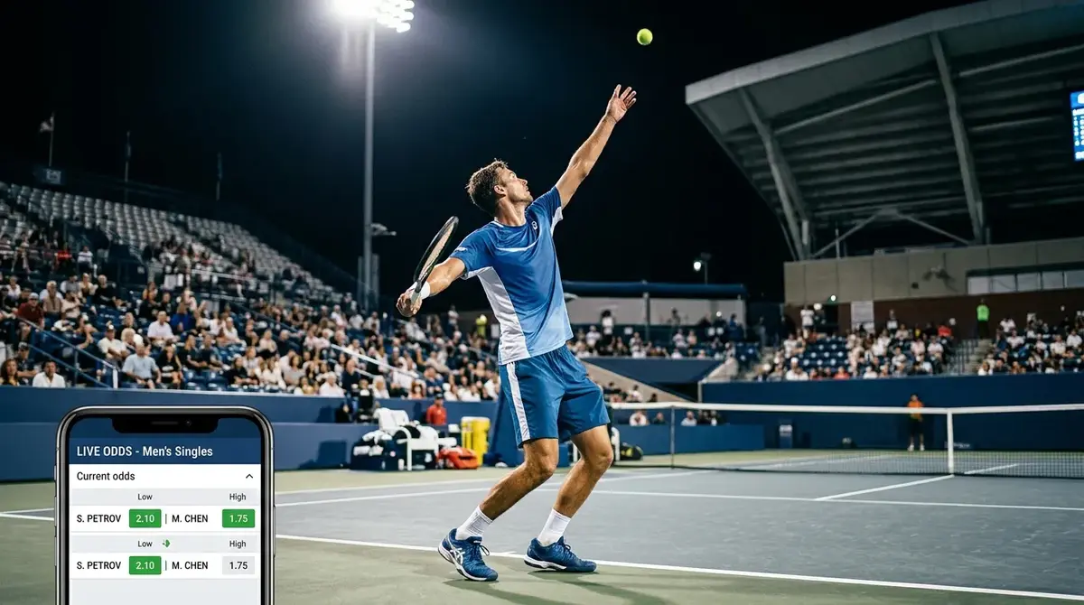 Tennis player mid-serve as a live in-play odds ticker shifts point by point