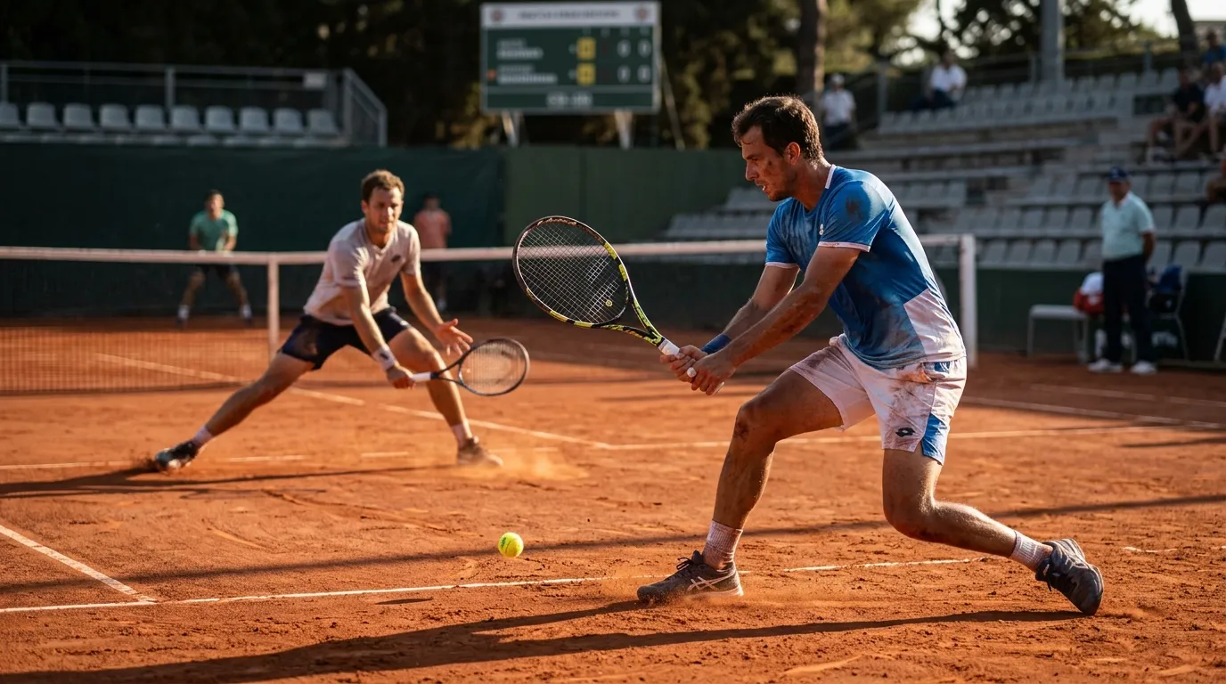 Two tennis players deep into a gruelling clay-court rally