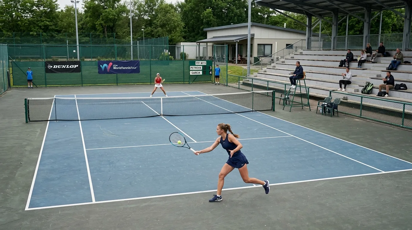 A sparsely attended lower-tier tennis match on a quiet outside court