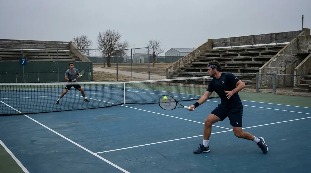Lower-tier tennis match on an empty outside court with little scrutiny