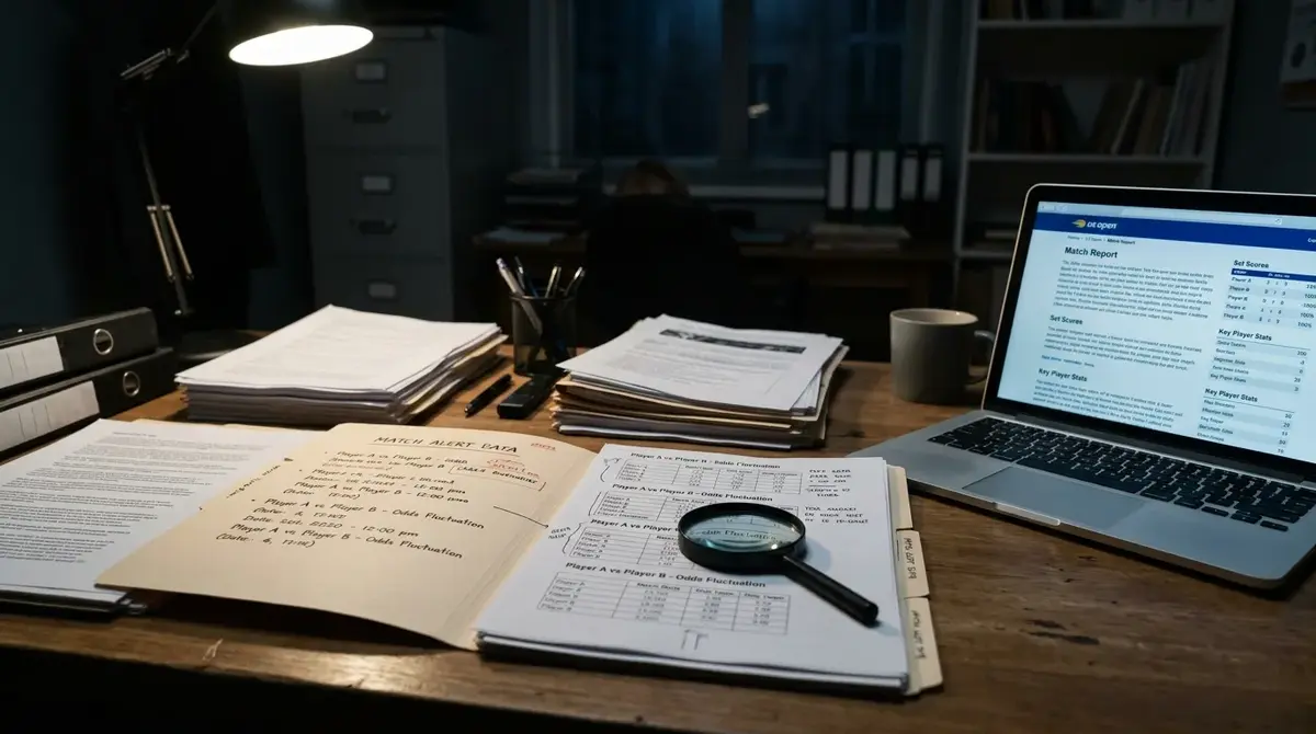Investigator reviewing match data files as an alert moves towards a sanction