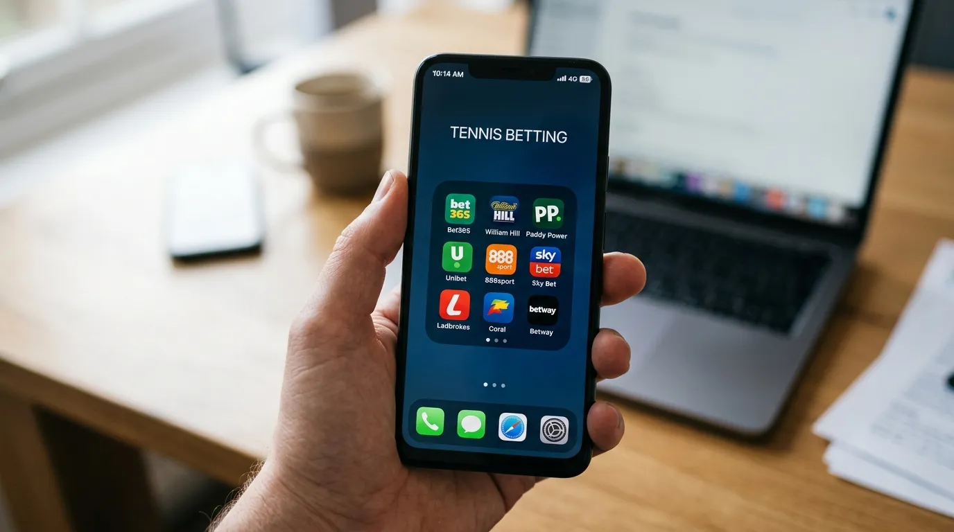 A phone displaying several licensed bookmaker apps used to compare tennis prices