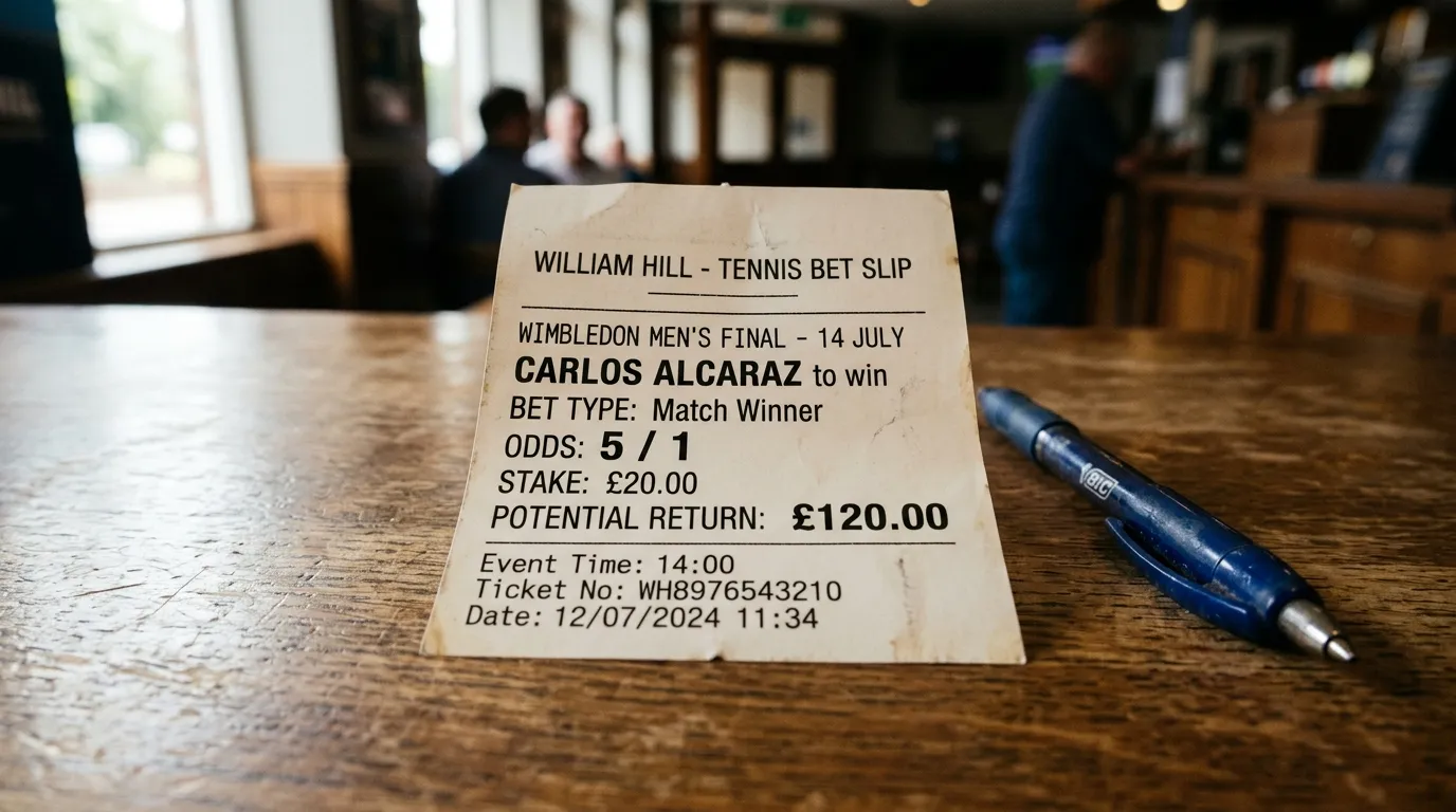 Close-up of a printed tennis bet slip showing prices written as fractions
