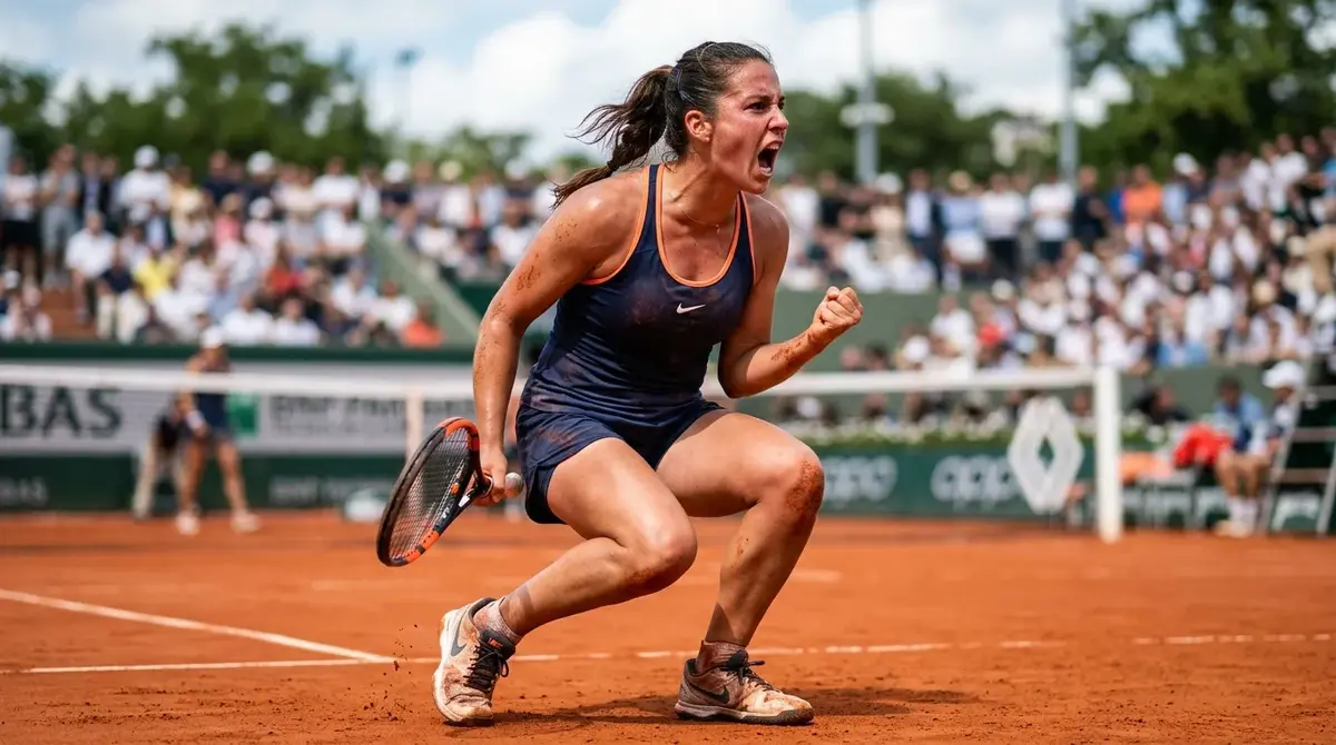 Tennis player reacting after winning a key point, a moment bettors read as momentum