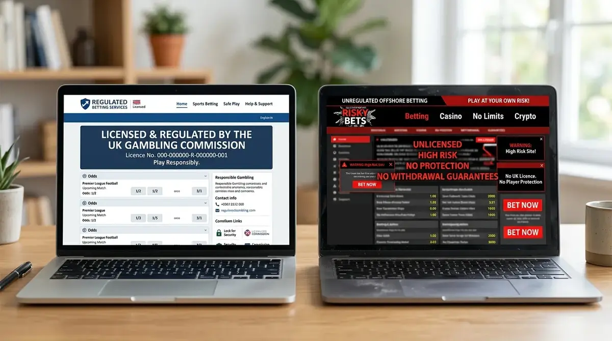 Licensed UK betting site beside an offshore unregulated gambling site for comparison